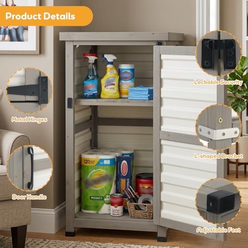 PetsCosset Small Outdoor Storage Cabinet, Wood & Plastic Potting Bench Table Tool Organizer for Patio Backyard Garden, Metal Top, Adjustable Shelf, Corner Storage for Narrow Spaces - Image 6