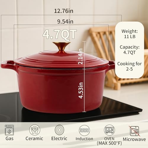 Enamel Cast Iron Dutch Oven with Lid, Round Casserole Pot for Bread Baking, Braising, Roasting, and Stews, Heavy-Duty, Oven Safe, Induction Compatible (4.7QT,Red) - Image 2
