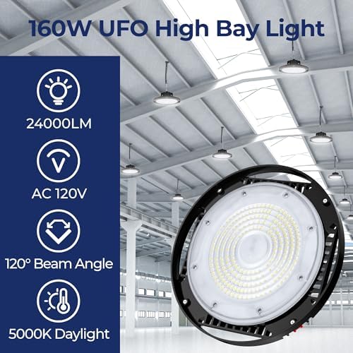 CINOTON 160W UFO LED High Bay Light, Aluminum LED Shop Lights with 24000LM, 5000K Commercial Bay Lighting for Warehouse Garage Workshop Factory Shed, 6' Cable & Safety Rope, ETL Listed 10 Pack - Image 2