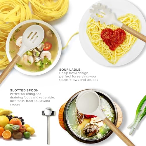 oannao Silicone Cooking Utensils Set - 446°F Heat Resistant Silicone Kitchen Utensils for Cooking,Kitchen Utensil Spatula Set w Wooden Handles and Holder for Non-Stick Cookware (Cream White) - Image 2