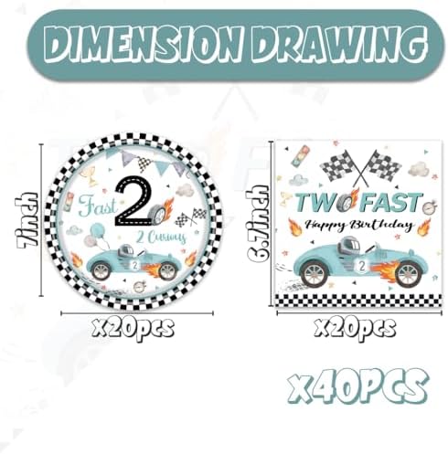 Egami 40pcs Two Fast Party Supplies,include 20 Dessert plate and 20 Napkin,Race Car Party Plate Napkin Set,Used for Two Fast Party Decoration - Image 2
