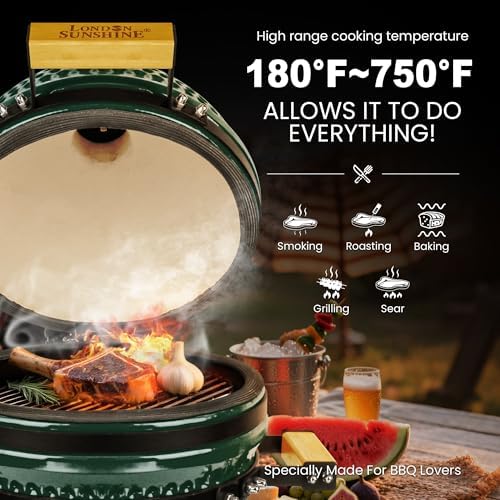 London Sunshine 13-Inch Ceramic Kamado Grill, Waterproof Vent Cap, Green - Image 2