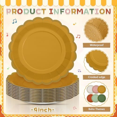 96 Pcs Colorful Paper Plates 9 Inch Boho Vintage Scalloped Paper Disposable Dinner Dessert Plates for Birthday Wedding Bridal Party Supplies, 6 Colors - Image 3