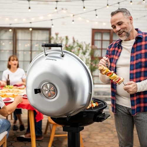 Electric Outdoor Grill Techwood 15-Serving Indoor/Outdoor Electric Grill for Indoor & Outdoor Use, Double Layer Design, Portable Removable Stand Grill, 1600W, Silver - Image 2