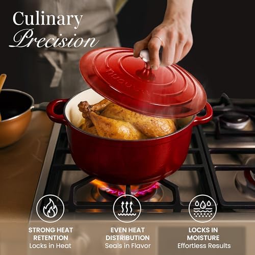 Nuovva Enamelled Cast Iron Dutch Oven Pot with Lid-6.4 Quart Non Stick Casserole Pot-Heavy Duty & Oven Safe up to 500° F for Bread Baking, Braising, Stews, Roasting - 28cm Red - Image 6