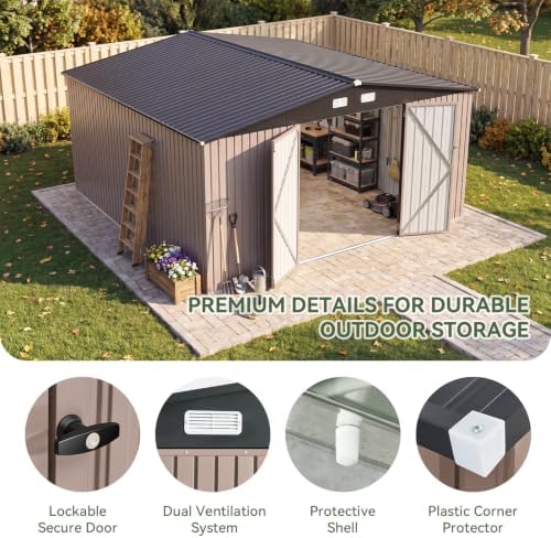 Aoxun 14x12 FT Outdoor Storage Shed with Lockable Double Doors, Brown - Image 3