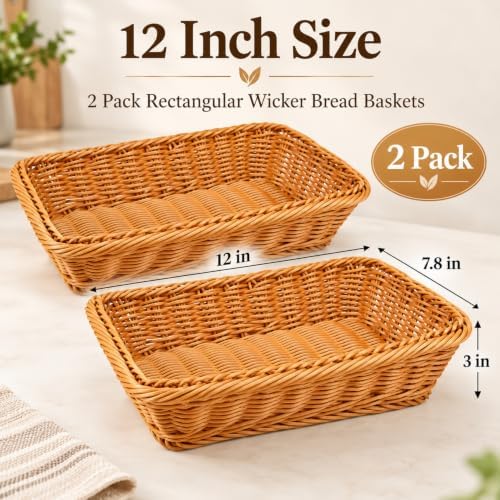 2 Pack Wicker Bread Baskets, 12 Inch Rectangular Serving Trays - Image 2