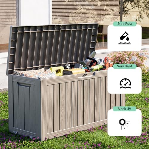 ROJIK 140 Gallon Outdoor Storage Waterproof Housing Deck Box, Grey - Image 4