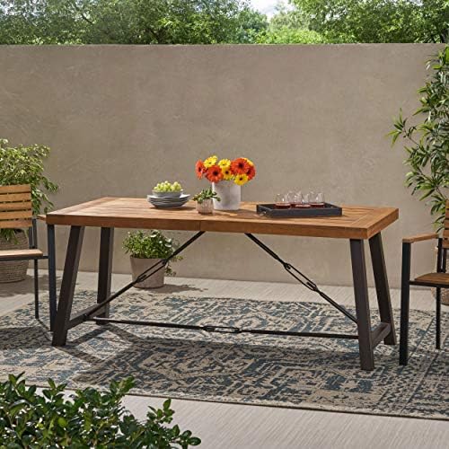 Acacia Wood and Metal Outdoor Dining Table in Teak, Rustic Style with Durable Construction for Patio, Deck, or Terrace - Image 3