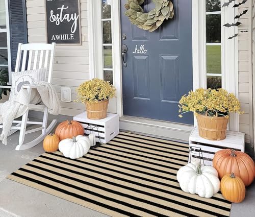 OJIA Washable Outdoor Rug 3'x5' Black and Tan Striped Porch Rug Patio Rugs by OJIA