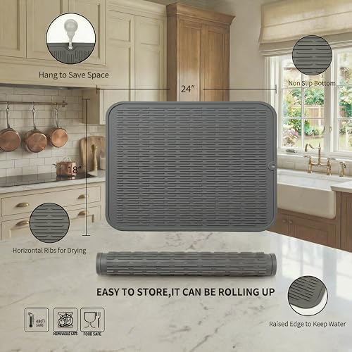 MicoYang Silicone Dish Drying Mat for Multiple Usage,Easy clean,Eco-friendly,Heat-resistant Silicone Mat for Kitchen Counter or Sink,Refrigerator or Drawer Liner Grey 2XL 24 inches x 18 inches - Image 2