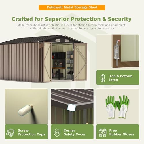 Patiowell 10x12 FT Storage Shed, Outdoor Metal Sheds, Brown - Image 3
