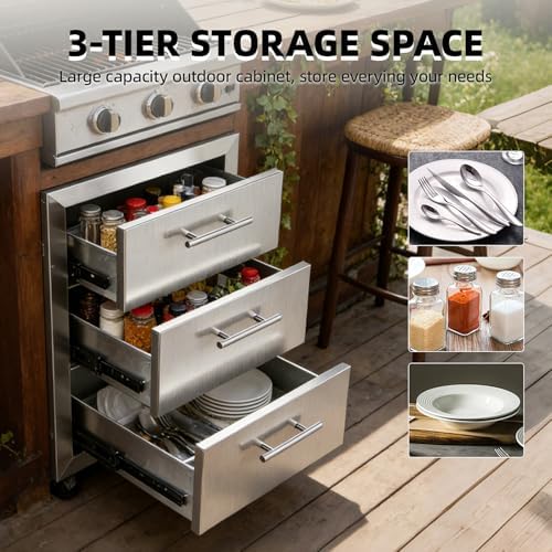 Outdoor Kitchen Drawers 18" x 23" x 23" Stainless Steel Triple Drawer Cabinet with Handles, Flush Mount Modular Storage for BBQ Islands & Patios - Image 5