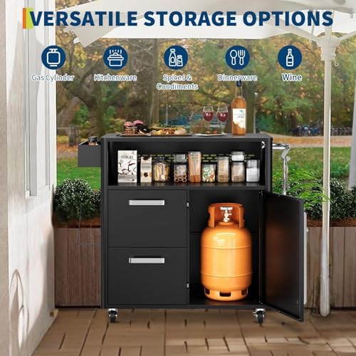 Heavy Duty Outdoor Grill Cart with Stainless Steel Prep Table, Lockable Wheels, Spacious Storage Cabinet, and Island Table Design for Patio or Kitchen Use - Image 7