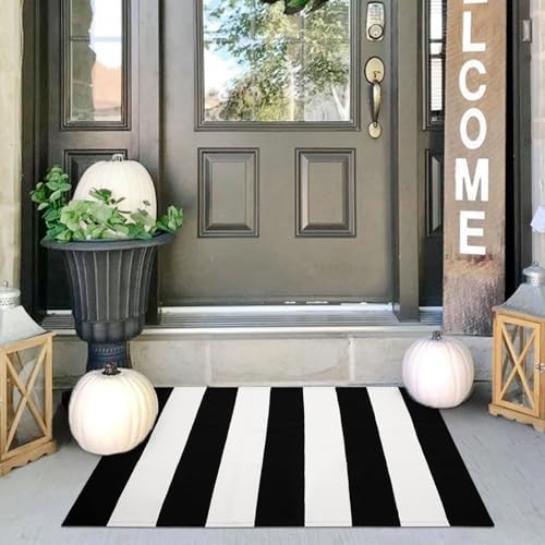 IOHOUZE 24x36 Striped Outdoor Door Mat, Washable Porch Rug, Black/White by iOhouze