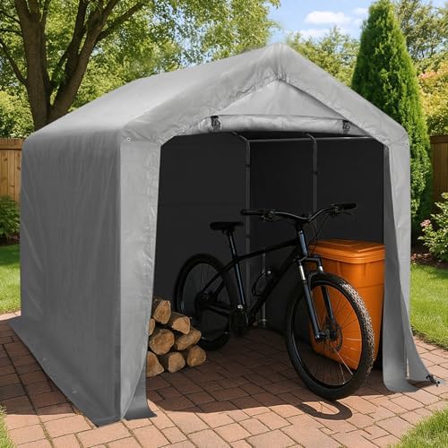 VINGLI Outdoor Portable Storage Shed, Heavy Duty Bike Tent with Roll-up Zipper Door, Waterproof and UV Resistent Carport for Motorcycle, Garden Tools and Firewood (Gray, 8x8x6.7 FT) - Image 2