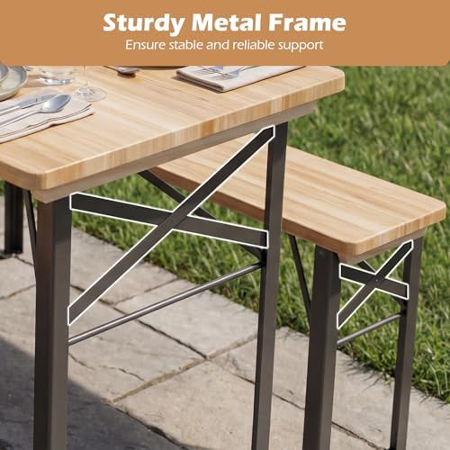 Tangkula 3 Piece Folding Picnic Table with 2 Benches, Foldable Wood Picnic Table Bench Set with Heavy-Duty Metal Frame for 4, Space-Saving Outside Table and Bench Set for Backyard, Patio, Garden - Image 4