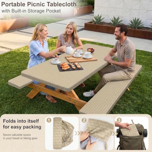 Picnic Table Cover with Bench Covers Portable Table Cloth Built-in Storage Pocket Picnic Table Covers With Elastic Waterproof Camping Essentials for RV Camping - Image 3