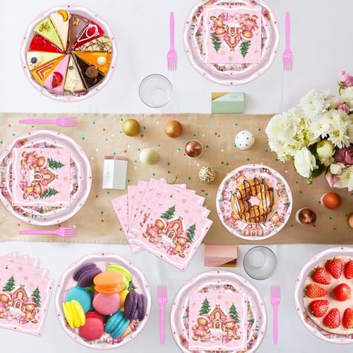 96Pcs Pink Gingerbread Christmas Decorations, Disposable Snowflake Gingerbread Paper Plates Napkins Forks Dinnerware for Xmas Ginger bread House Cookies Party Supplies, Serves 24 - Image 2