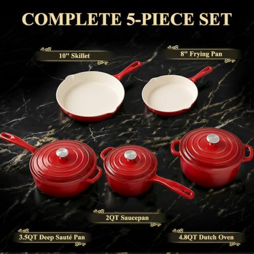 QuliMetal Nonstick Enameled Cast Iron Cookware Set, 5 Pcs Pots and Pans with Lid, Skillet, Frying Pan, Saucepan & Dutch Oven for All Stovetops, PFA Free - Ideal for Sourdough Bread Baking - Image 2