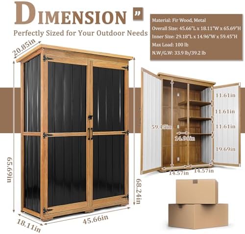 46" L Large Outdoor Storage Cabinet with Shelves, Wood & Metal Storage Shed Weather-Resistant, Outside Storage Cabinet for Garage Patio Backyard Garden with Waterproof Roof - Image 3