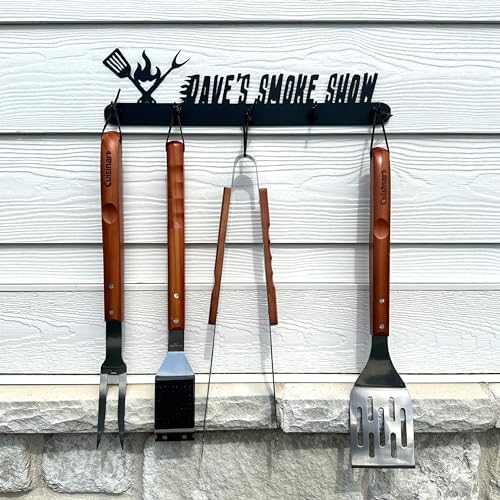 ROCC RUSTED ORANGE CRAFTWORKS CO. Personalized Grill Utensil Holder (Flame) – Custom Metal BBQ Tool Organizer with Magnetic Hooks, Wall-Mounted Outdoor Grill Rack, Gift for Him or Grill Master - Image 2