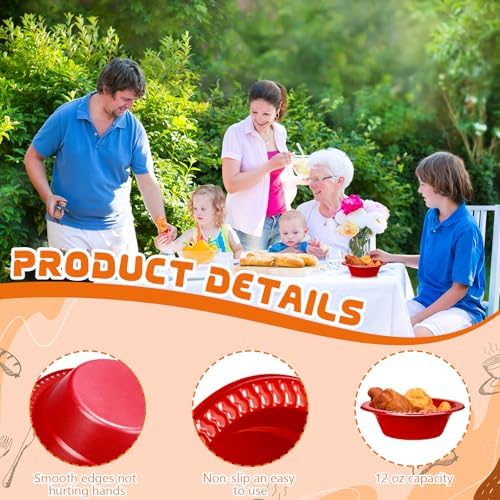 24 Pack 12 oz Disposable Plastic Bowls Dessert, Ice Cream, Salad, Soup Serving Cups for Party, Picnic, Food Snacks (Red) - Image 3