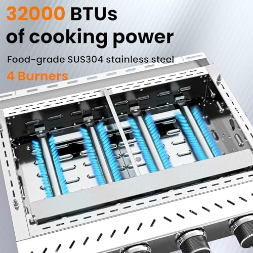 WAA Portable Propane Griddle, 32,000BTU Tabletop Portable Propane Gas Grill with 4 Burners, Stainless Steel Flat Top Grill, Outdoor Cooking for Tailgating,Camping, RVs, BBQ, Patio, Silver - Image 2