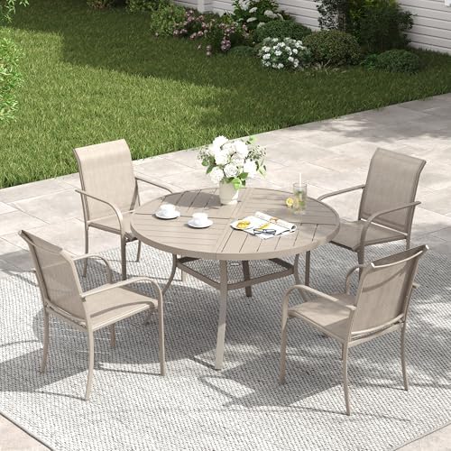 VICLLAX Patio Table and Chair Set of 4, All Weather Metal Round Outdoor Dining Furniture Set-40.6" Round Outdoor Table and Chairs, Sandshell Tabletop by HOME