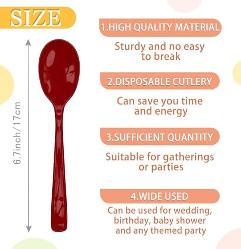 SietDESEO 25 PCS Burgundy Plastic Spoons Disposable Utensils Heavy Duty Burgundy Spoons Disposable Cutlery for Birthday Wedding Baby Shower Bridal Shower Plastic Silverware - Image 5