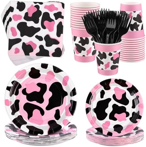 Kochorie 144 Pieces Pink Cow Print Party Tableware Sets Including Disposable Plates Napkins Cups Forks Serves 24 for Cow Theme Farm Animal Party Supplies by Kochorie