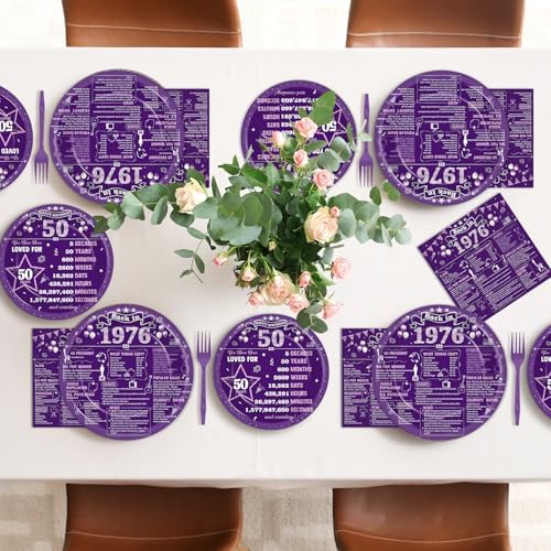 96PCS 50th Birthday Party Paper Plates and Napkins Set for Retro 50 Years Old Party Purple Paper Plates Disposable Decor Back in 1976 Parties Set for Kids Birthday Gatherings Decorations - Image 5