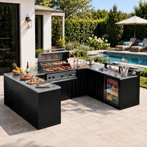 U‑Shape Outdoor Kitchen Island, 304 Sink BBQ Station with Storage by Lovinouse