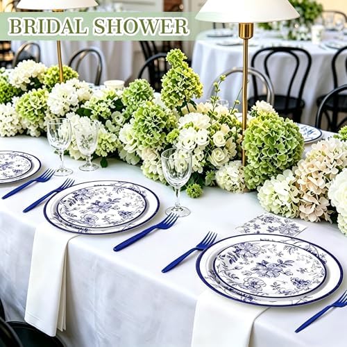 100 Pcs Disposable Blue and White Floral Tableware Set for 25 Guests - Image 2