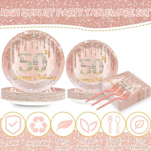 CHUNNIN 200 PCS Happy 50th Birthday Party Plates Napkins Pink Rose Gold Tableware Set for Women 1976 Decorations Dessert Plates Forks Serve 50 Guests for Girls 50th Birthday Party Supplies - Image 3