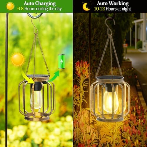 Solar Lanterns, Upgraded Metal Outdoor Lights, Brighter Hanging Solar Lights for Outside Waterproof, Auto On/Off Warm White Lighting for Yard, Garden, Patio, Pathway Decor (Bronze, 2 Pack) - Image 3