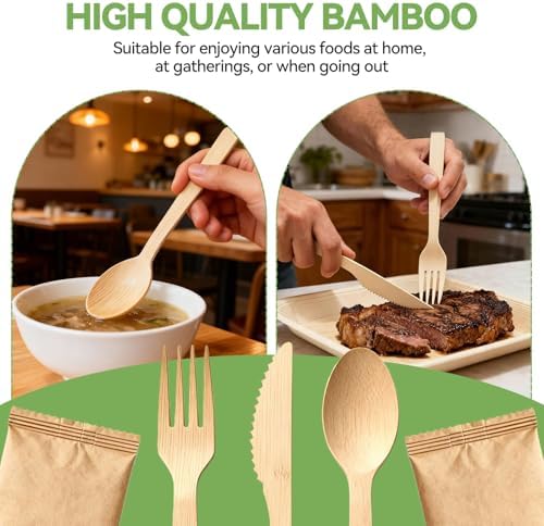 Bamboo Cutlery Set - Wooden Utensils for Eating - Disposable Wooden Cutlery set of 9 (3 Forks 3 Spoons 3 Knives) Bamboo Disposable Utensils - ECO Friendly Compostable Utensil for Party - Image 5