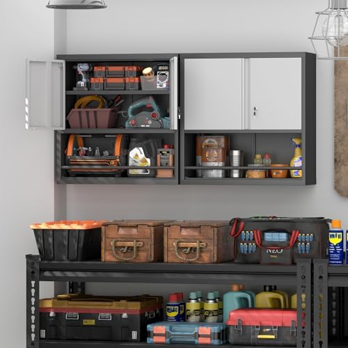 IRONFFICE Metal Garage Cabinet, Locking Cabinet with Adjustable Shelf, 2 Doors Cabinet for Tools, Hanging Cabinet for Basement, Black/Grey - Image 2