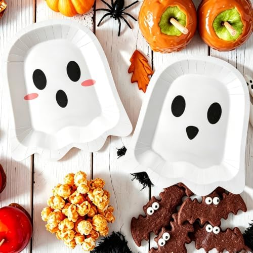 FOIMAS 50 Pcs Halloween Paper Plates, 9.84 Inch Cute Ghost Disposable Plates Spooky Boo Dessert Dinner Plate Tableware for Baby Shower Halloween Party Supplies Birthday Table Decor,White - Image 4