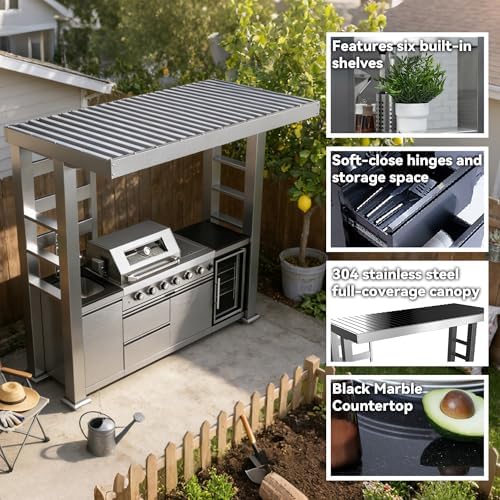 97 Inch Outdoor Kitchen Island with Shed, 72000 BTU 4-Burner Stainless Steel Propane Gas Grill, Wine Cooler Refrigerator, Galvanized Steel Roof, Black Granite Countertop, Silver - Image 3