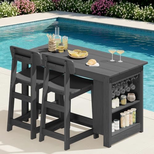SERWALL 3-Piece Outdoor HDPE Counter-Height Bar Set with 2 Stools, Gray by SERWALL
