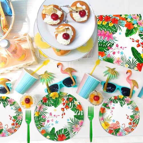 96 Pieces Hawaiian Luau Party Tableware Set – Tropical Flamingo Disposable Plates, Napkins and Forks with Hibiscus Floral Design for Summer Birthday, Pool Party, Beach Party and Aloha Party Supplies - Image 4