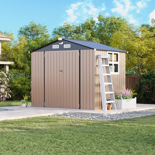 MXV 8 x 6FT Outdoor Storage Shed, Metal Garden Shed with Windows, Double Lockable Doors & Sloped Roof, Magnetic Solar Lamp, Waterproof Tool Sheds for Backyard Garden Patio Lawn, Brown - Image 3