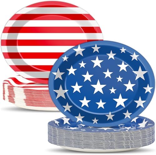 Qyeahkj 50 PCS Patriotic Oval Paper Plates Large 11” Disposable 4th of July American Flag Party Decorations Independence Day Supplies Favor for Veterans Election Day Memorial Day Party Tableware Set by Qyeahkj