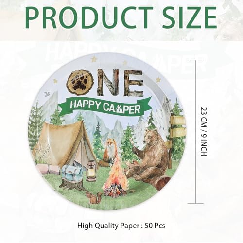 50Pcs Camping One Paper Plates Camper Themed 9" Dessert Plates Disposable One Happy Birthday Camper Theme Party Decorations for Boys Adventure Camping Theme Party 1st Birthday Party Supplies - Image 4