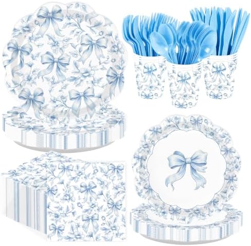168 Pcs Blue Bow Floral Scalloped Party Decorations,Serves 24 by Greencian