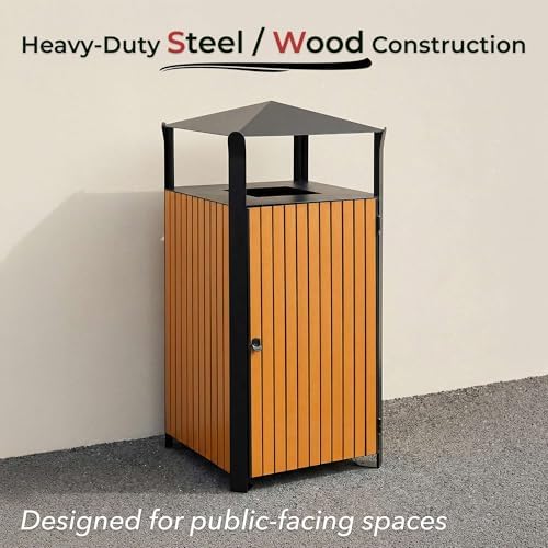 5/Pack 48.6 Gallon Square Outdoor Trash Can - Decorative Steel and Wood Composite Commercial Waste Receptacle with Hooded Covered Top, Galvanized Steel Liner, and Locking Side Access Door - Image 3