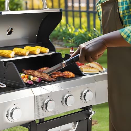 Endark 3-Burner Propane BBQ Grill, 40500 BTU with Side Burner, Stainless Steel, Cast Iron Grate, Thermometer, Rolling Wheels - Image 3