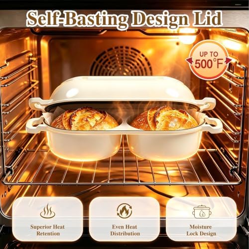 Dutch Oven for Sourdough Bread Baking - Enameled Cast Iron Dutch Oven Pot with Lid and 5" Banneton Bread Proofing Basket & Cotton Potholders, Dual Round Bread Loaf Pan for Homemade Bread, Meatloaf, Cake– (Cream White) - Image 7