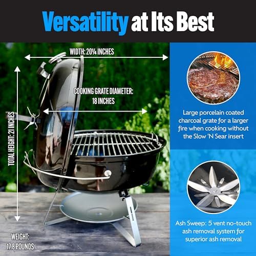 SnS Grills Home 'N Roam 18" Kettle Grill with Patented Slow 'N Sear Charcoal Basket & EasySpin Grate, Portable Charcoal BBQ for Smoking, Grilling & Tailgating - Image 7